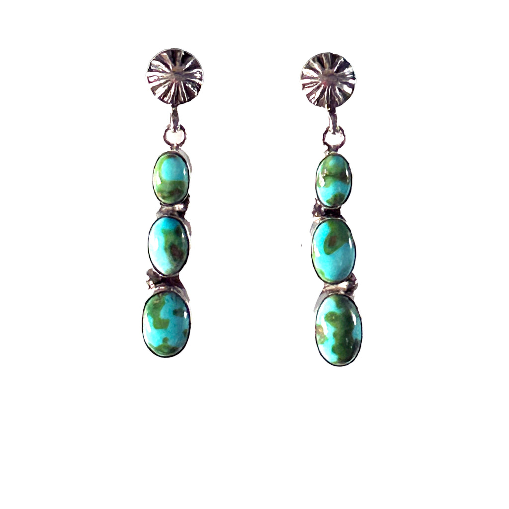 Sonoran Gold Turquoise Earrings 3 Stone with Sunburst Post Design