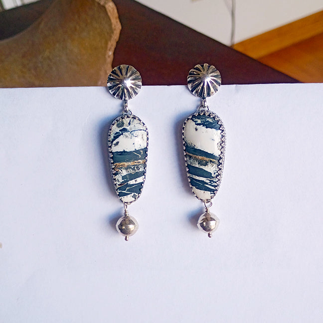 AAA WHITE BUFFALO Turquoise and Navajo Pearl Earrings Sterling 2.5"