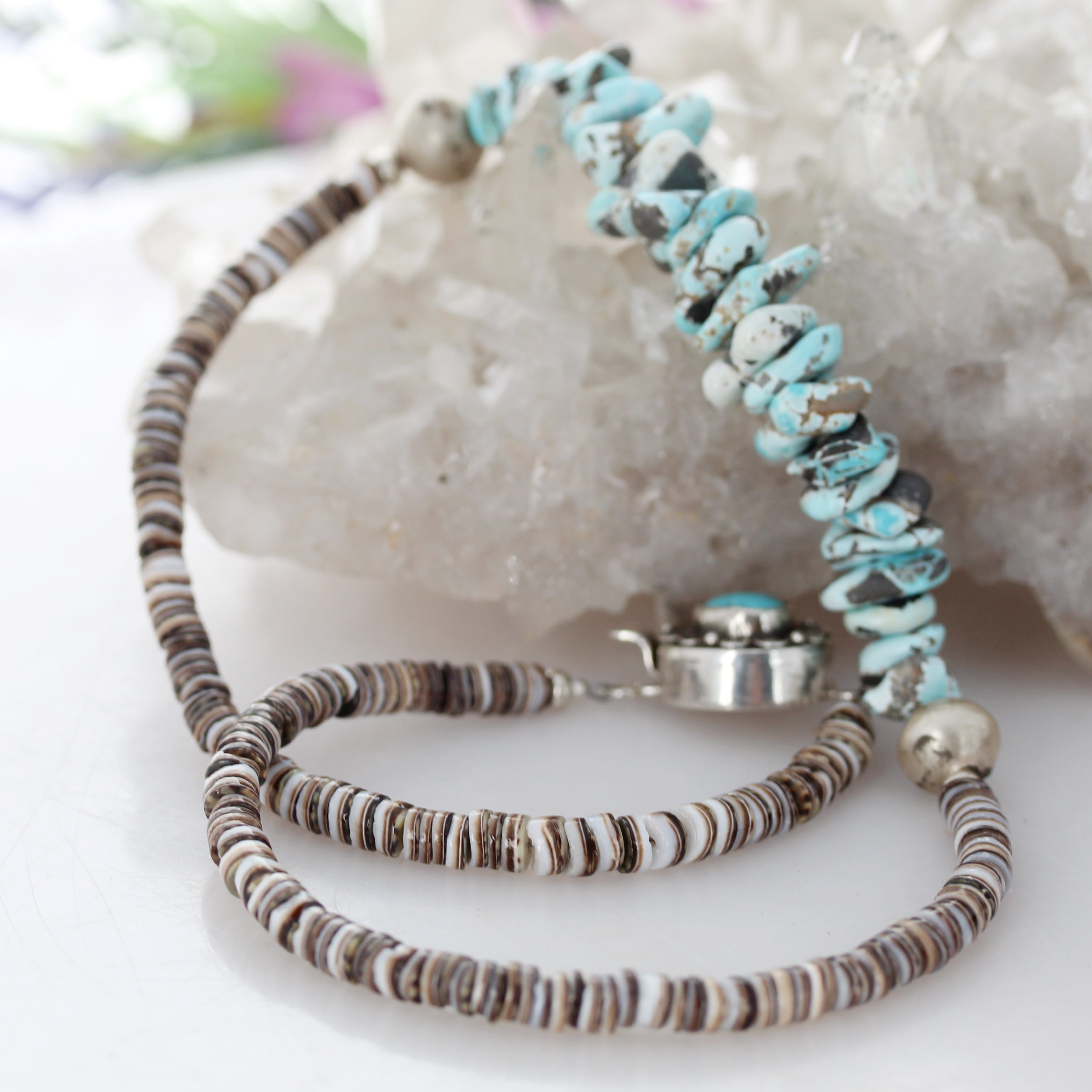 Lone Mountain Turquoise Necklace with Shell Heshi Sterling