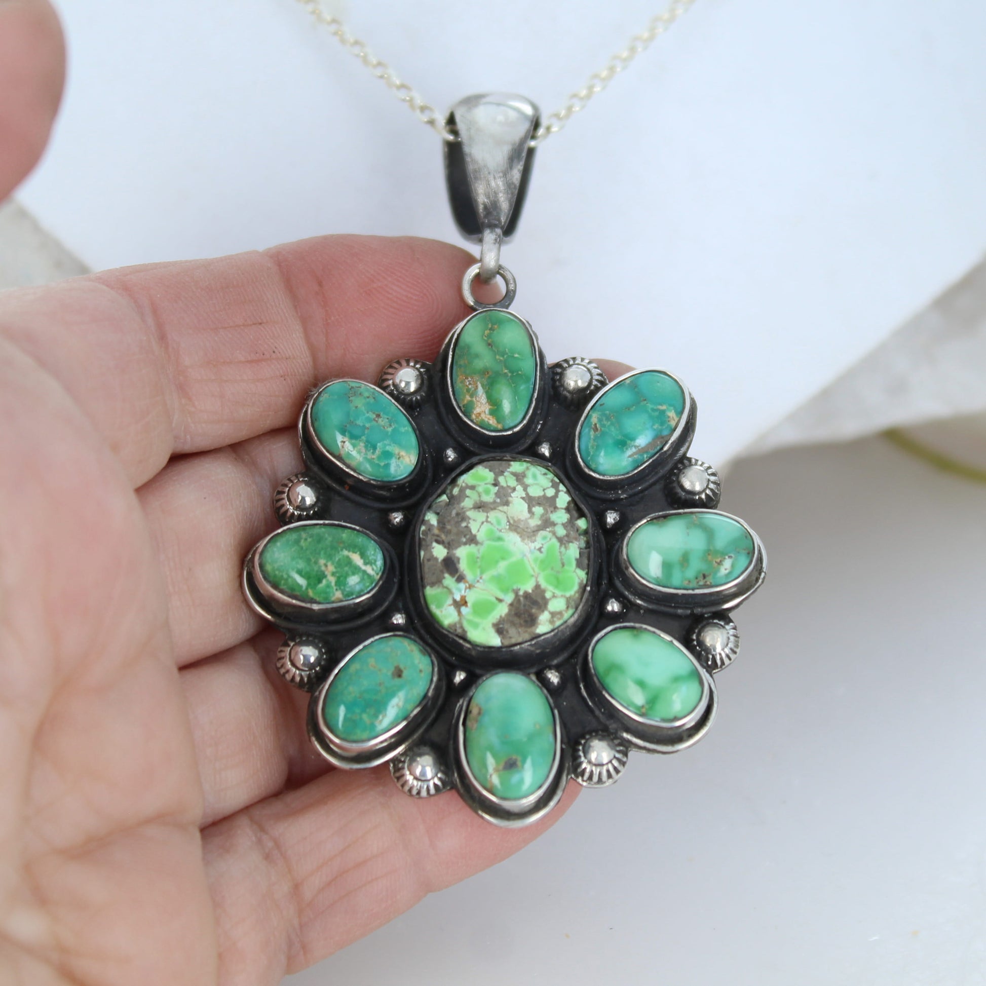 Emerald Turquoise Pendant Sterling with Carico Lake Turquoise Faustite -NewWorldGems