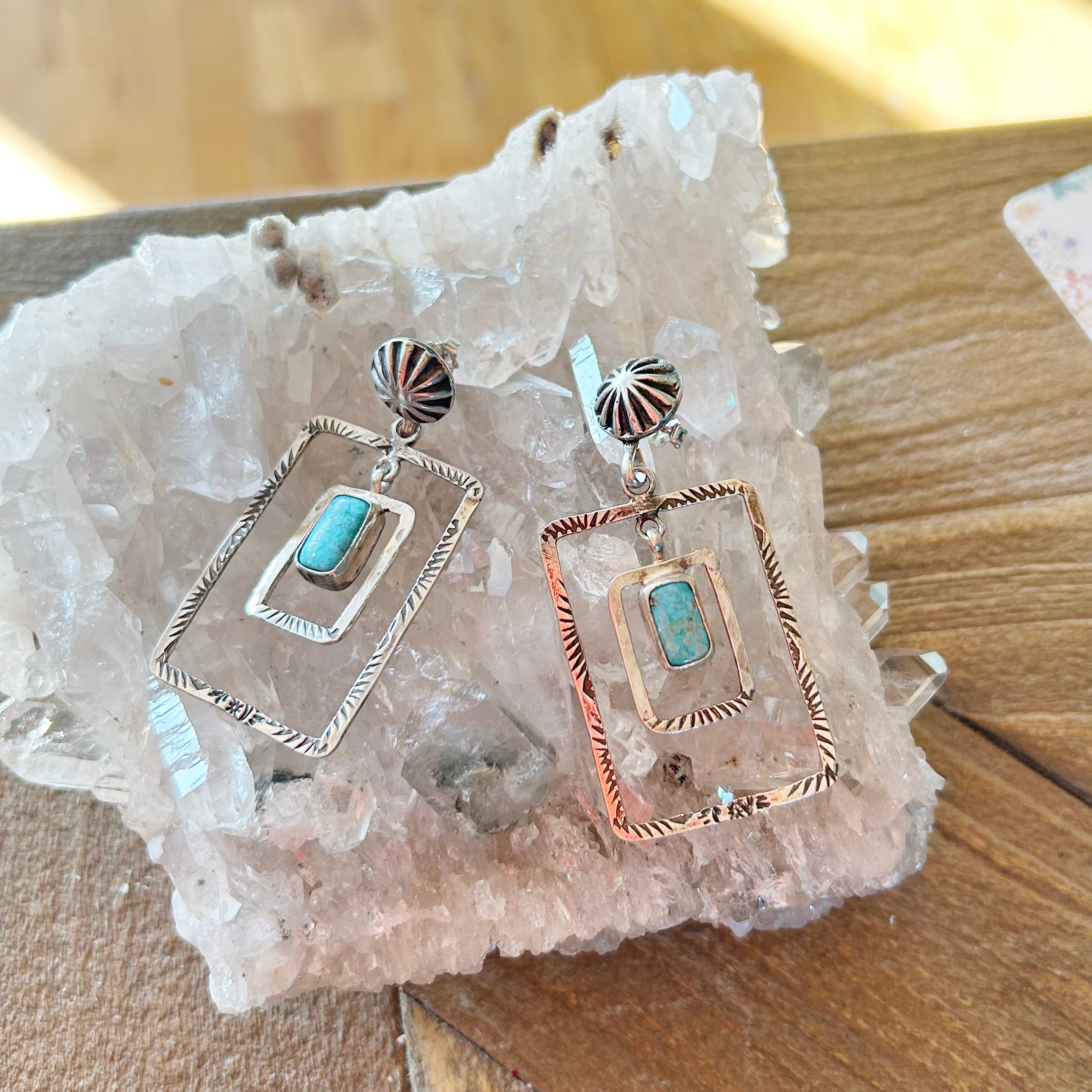 Kingman Turquoise Earrings Double Hoops Sterling Silver Rectangles