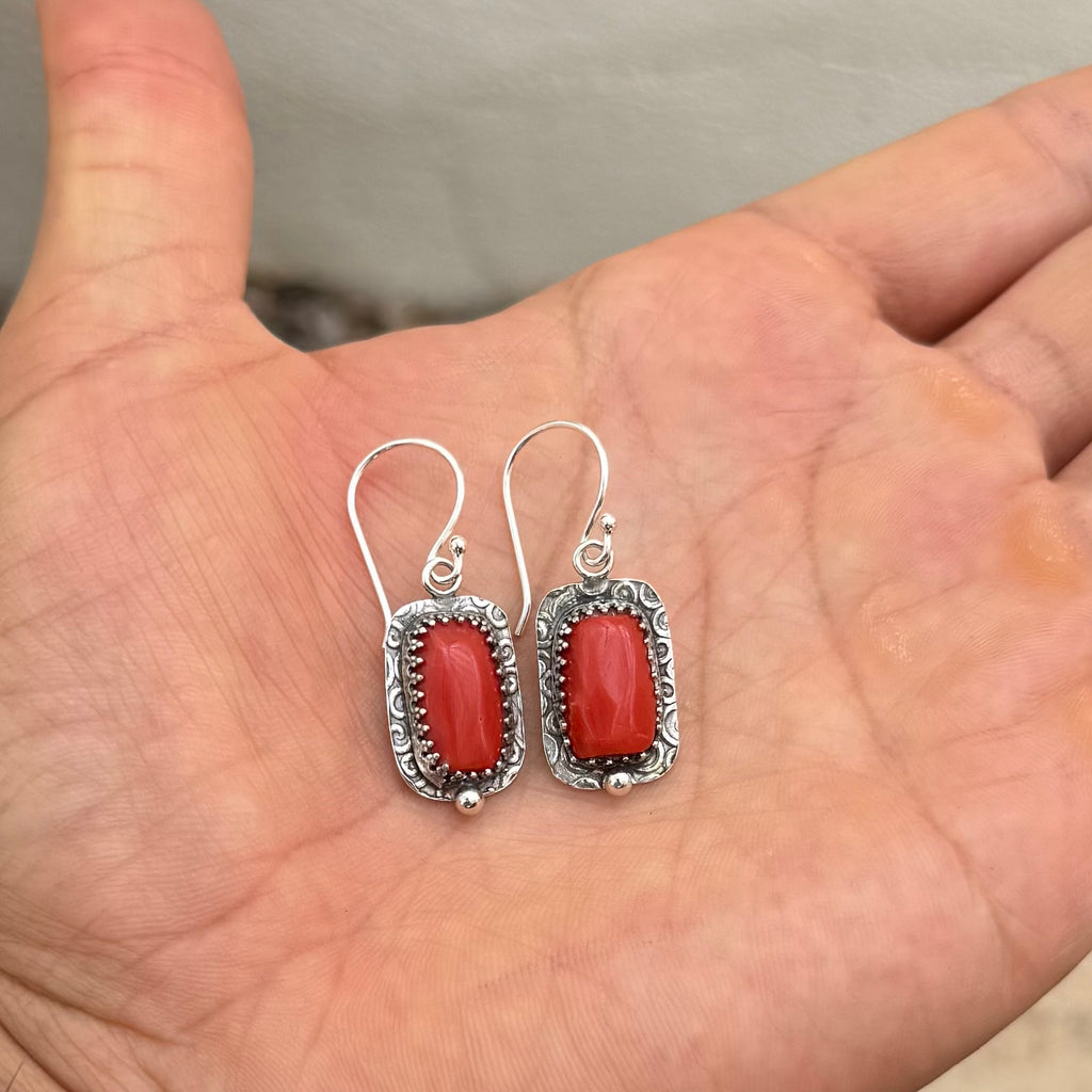 Deep Red Mediterranean Coral Earrings Sterling Silver Patterned French Ear Wires