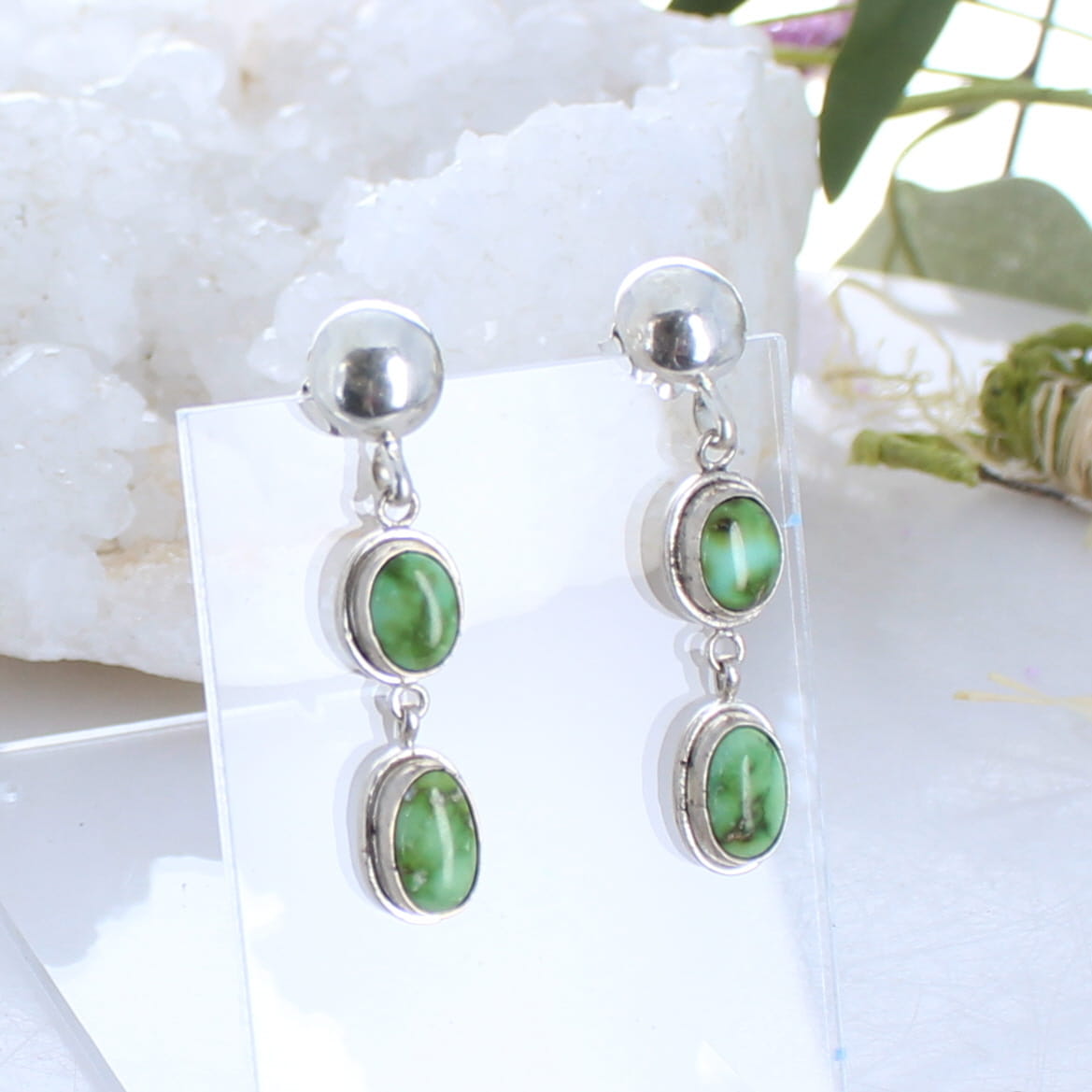 Sonoran Gold Turquoise Earrings 2 Stone Green Sterling Silver Drops -NewWorldGems