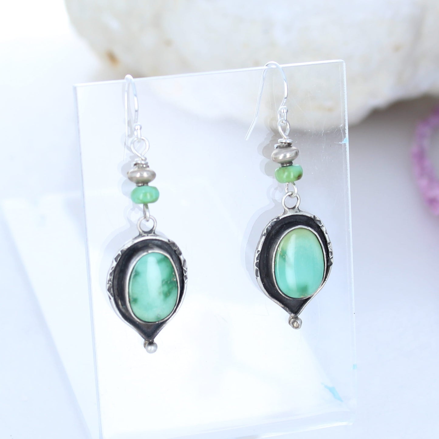 Emerald Valley Turquoise Earrings Sterling Oval Teardrops with Beads -NewWorldGems