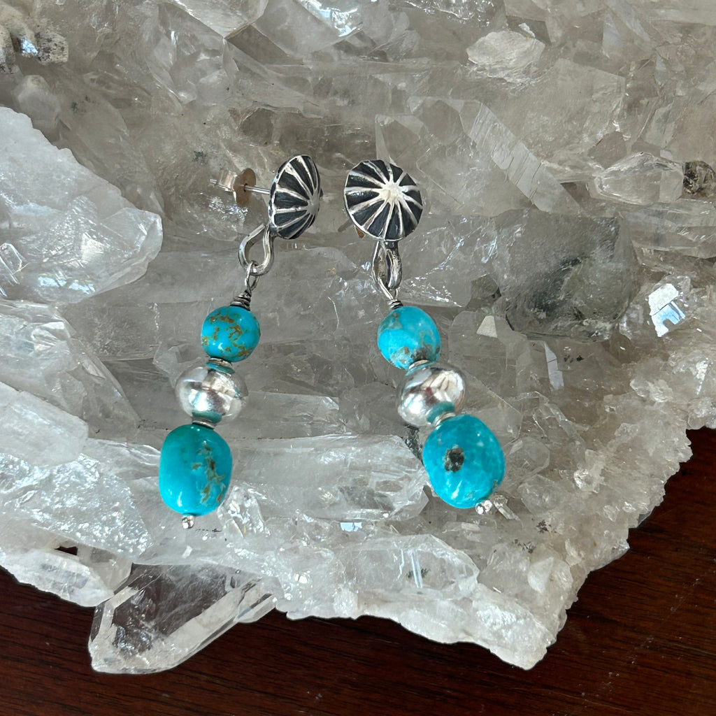 AAA Blue Sonoran Rose Turquoise Earrings 2 Stone Sterling Sunburst Posts