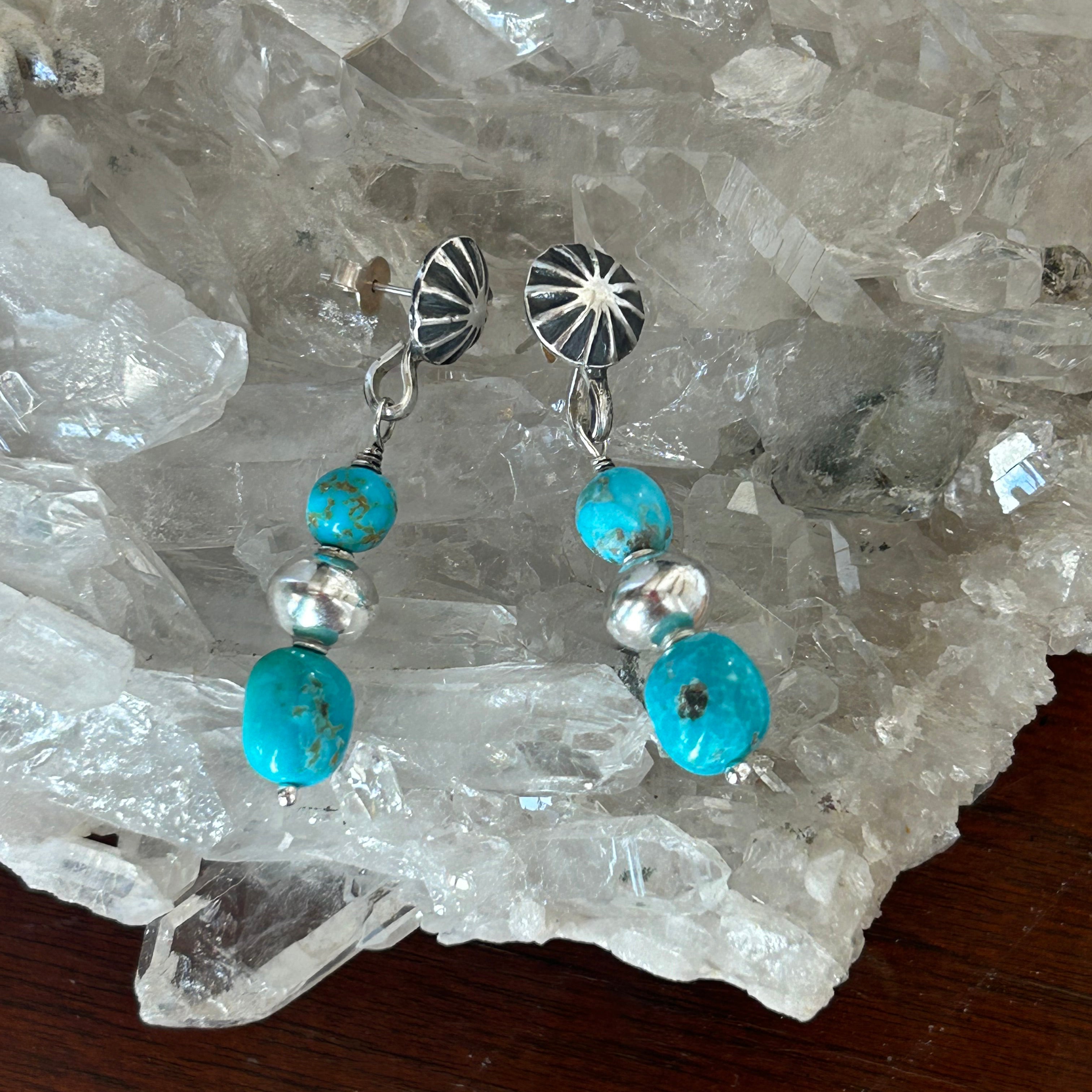 AAA Blue Sonoran Rose Turquoise Earrings 2 Stone Sterling Sunburst Posts