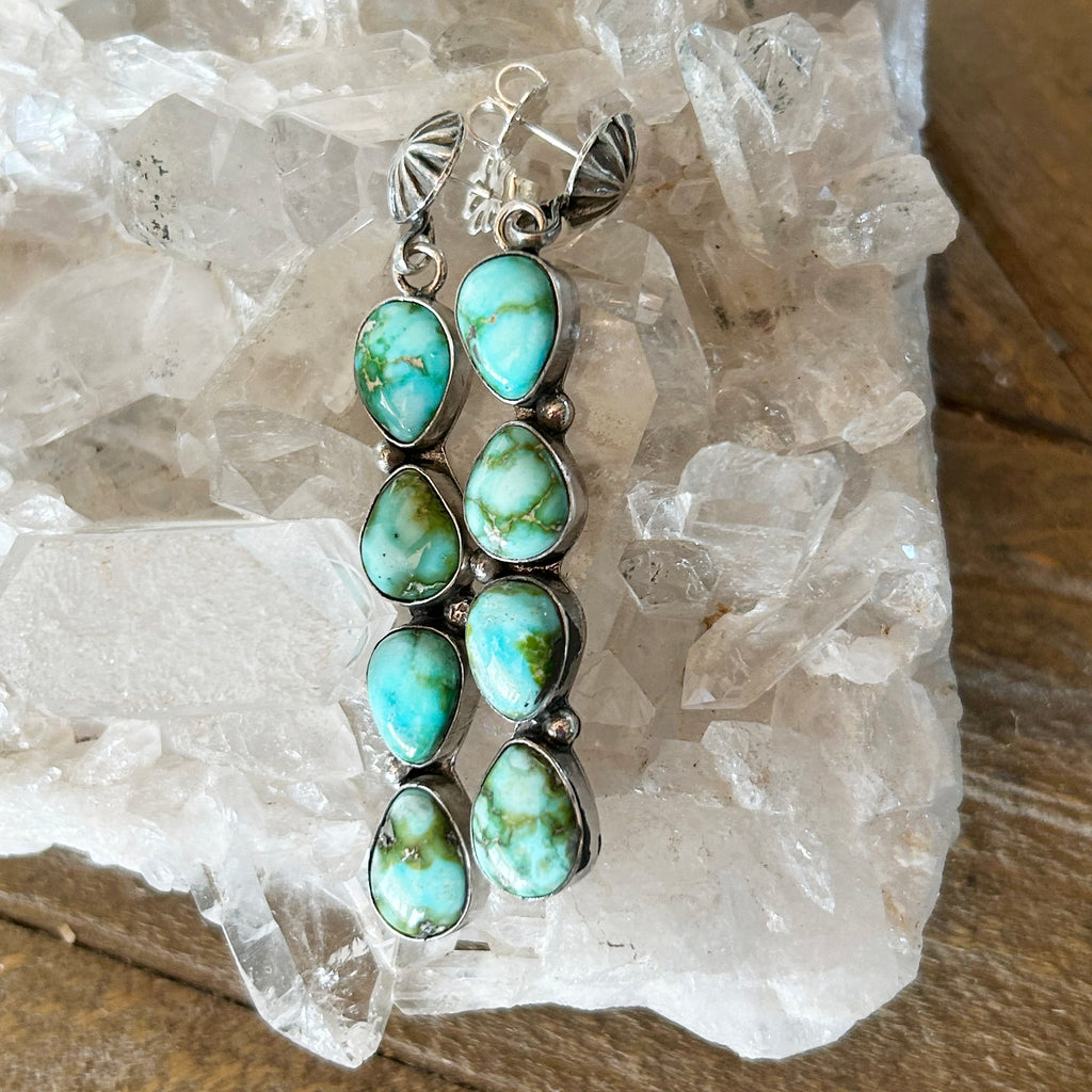 AAA SONORAN Sky Blue Green TURQUOISE Earrings 4 Stone Sweeping 2.75"