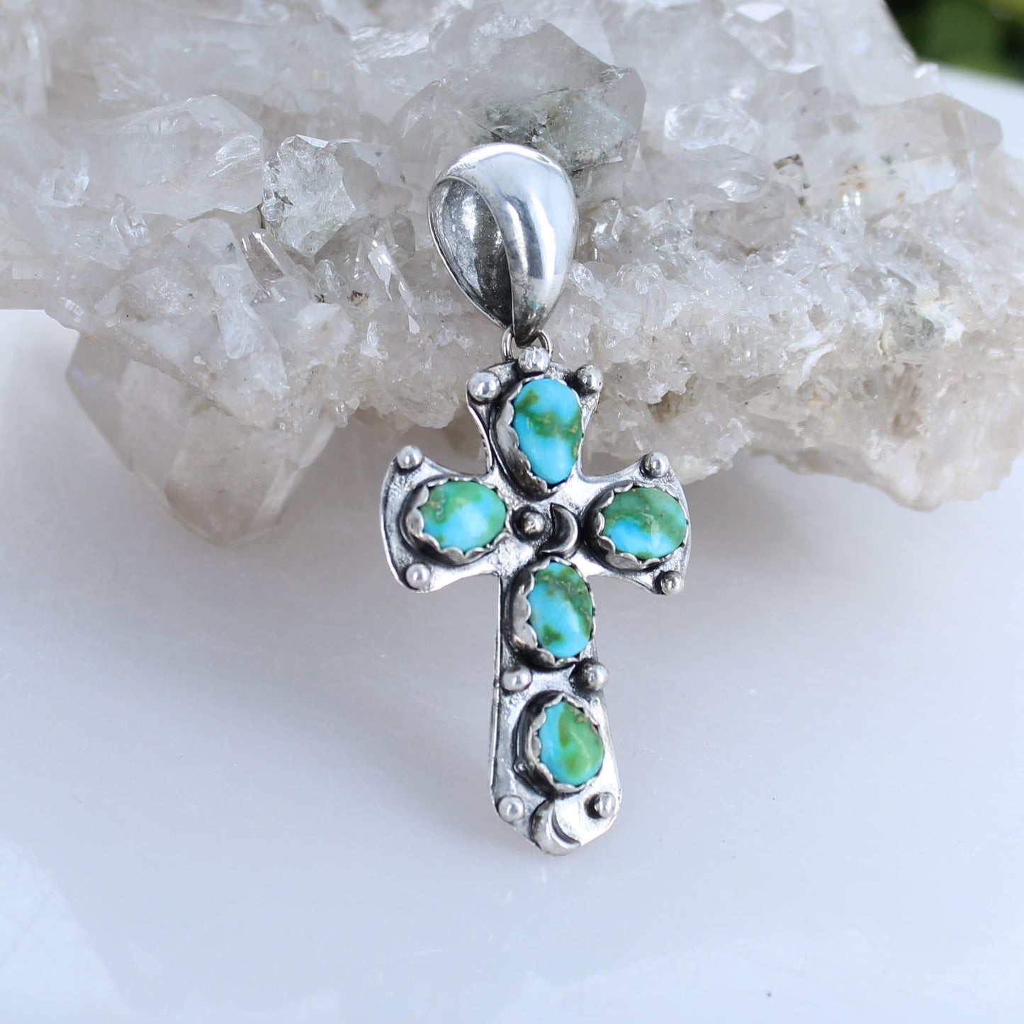 Sonoran Mountain Blue Green Turquoise Cross Pendant Sterling Silver Moons