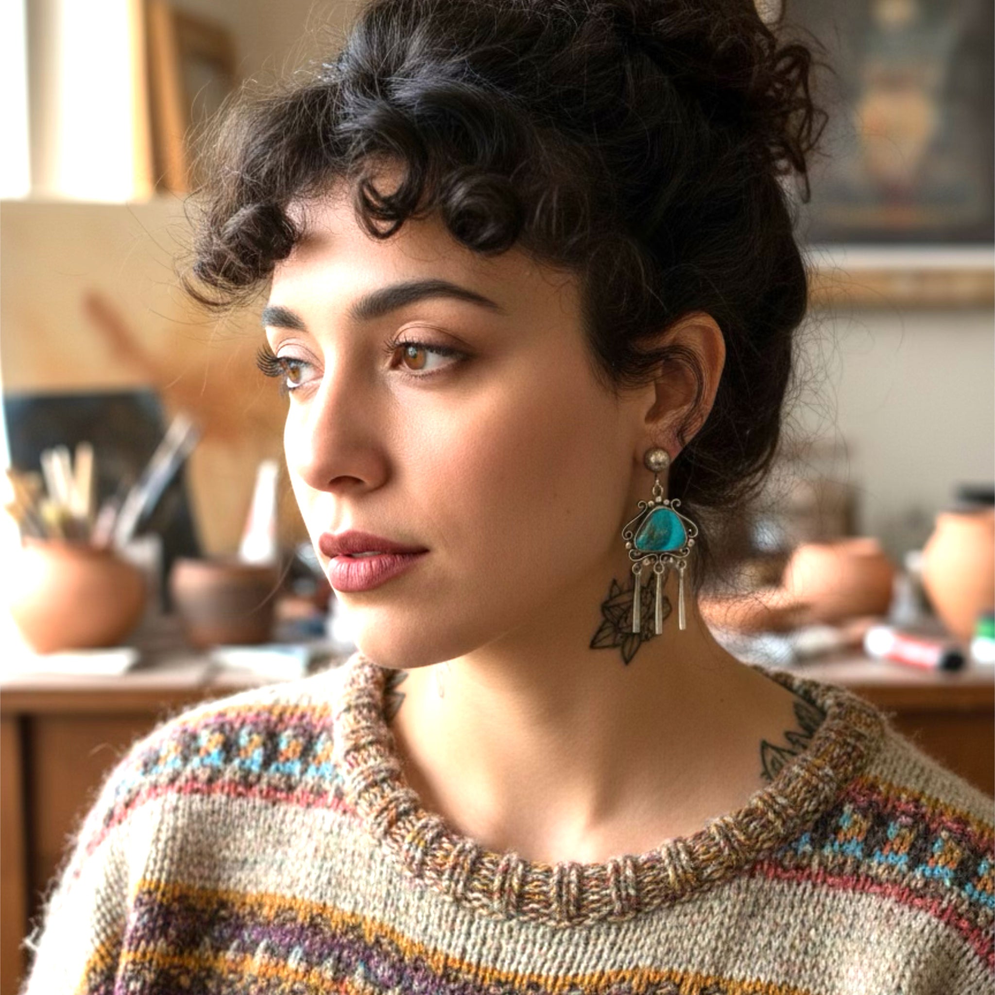 Kingman Turquoise Scroll Earrings Sterling Blue Golden