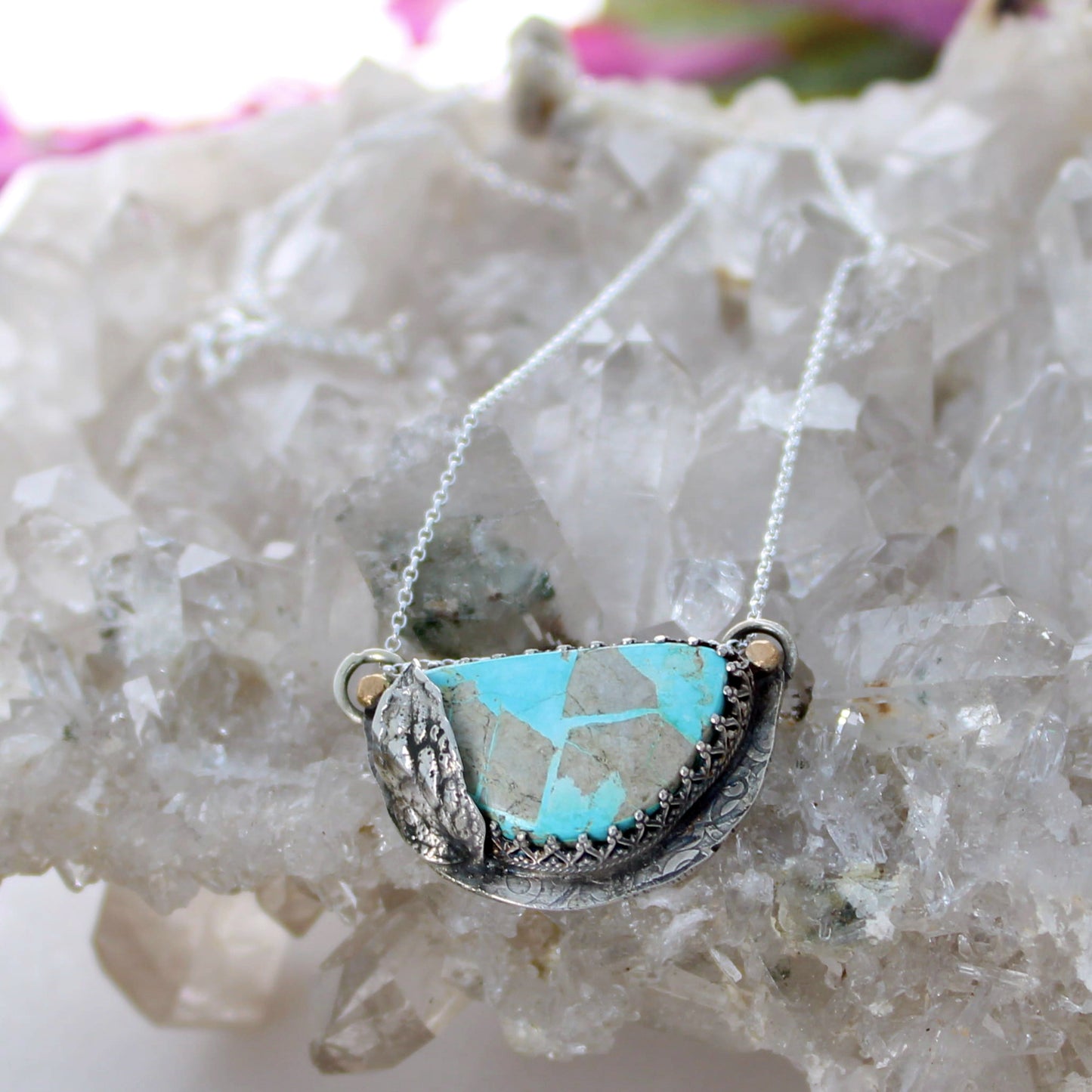 Royston Turquoise Moon Pendant Decorative 18K Gold and Sterling Necklace