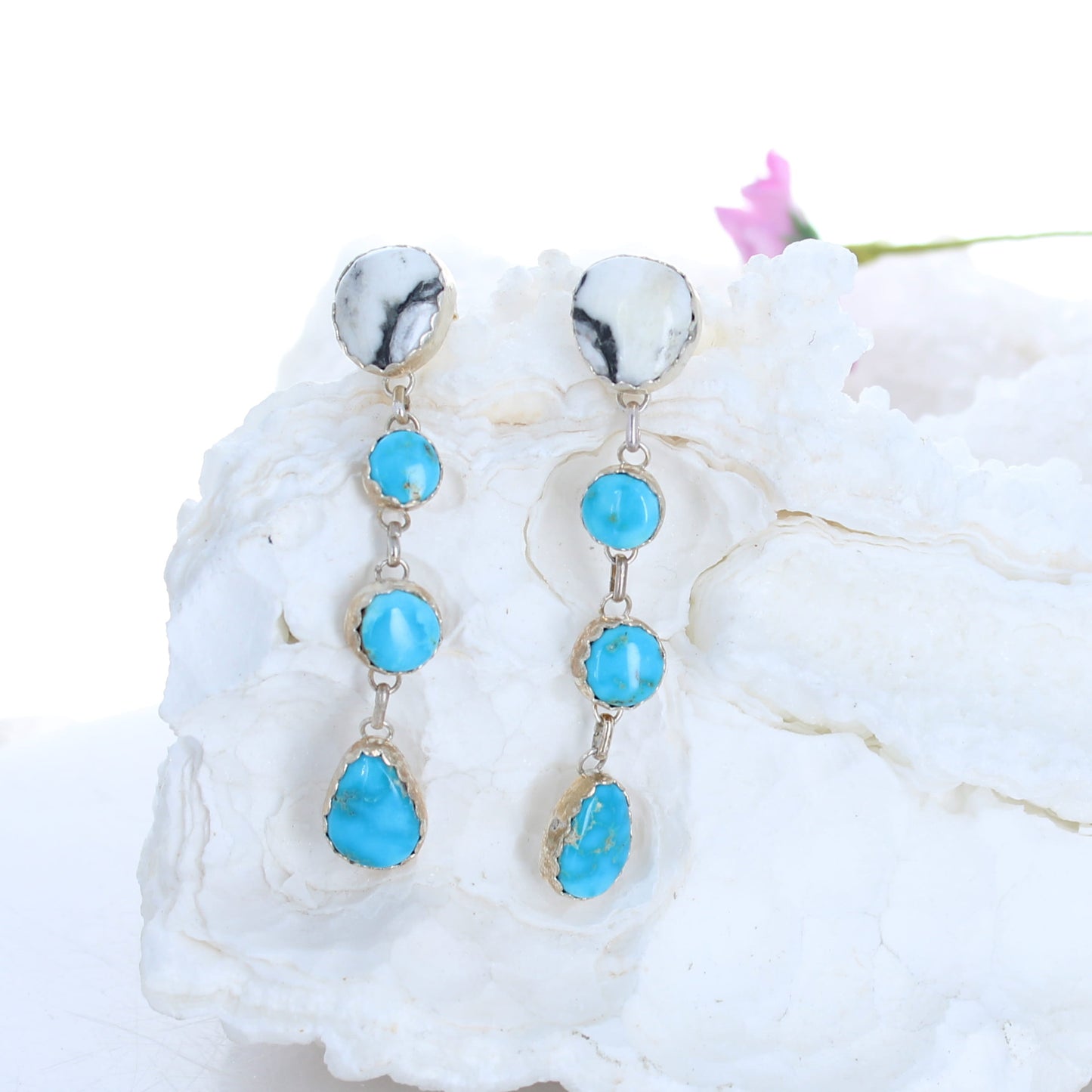 Blue Ridge and White Buffalo Turquoise Earrings Sterling 4 Stone