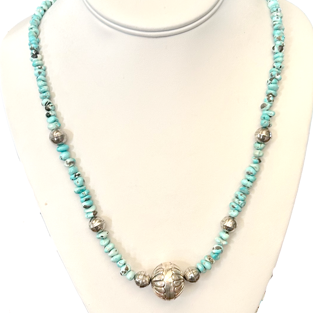 Lone Mountain Turquoise Necklace Sterling Bench Made Beads Southwest Style 21"