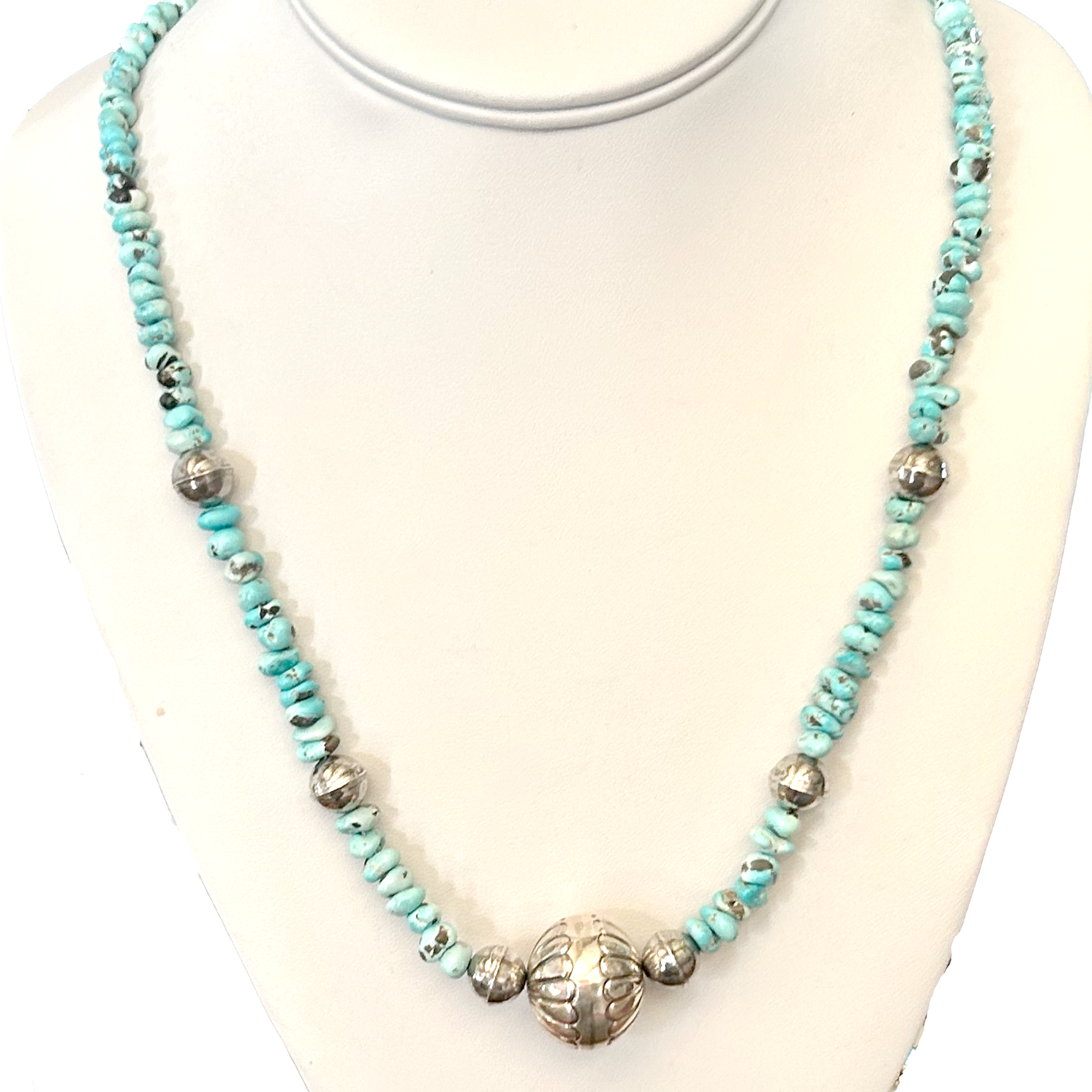 Lone Mountain Turquoise Necklace Sterling Bench Made Beads Southwest Style 21"