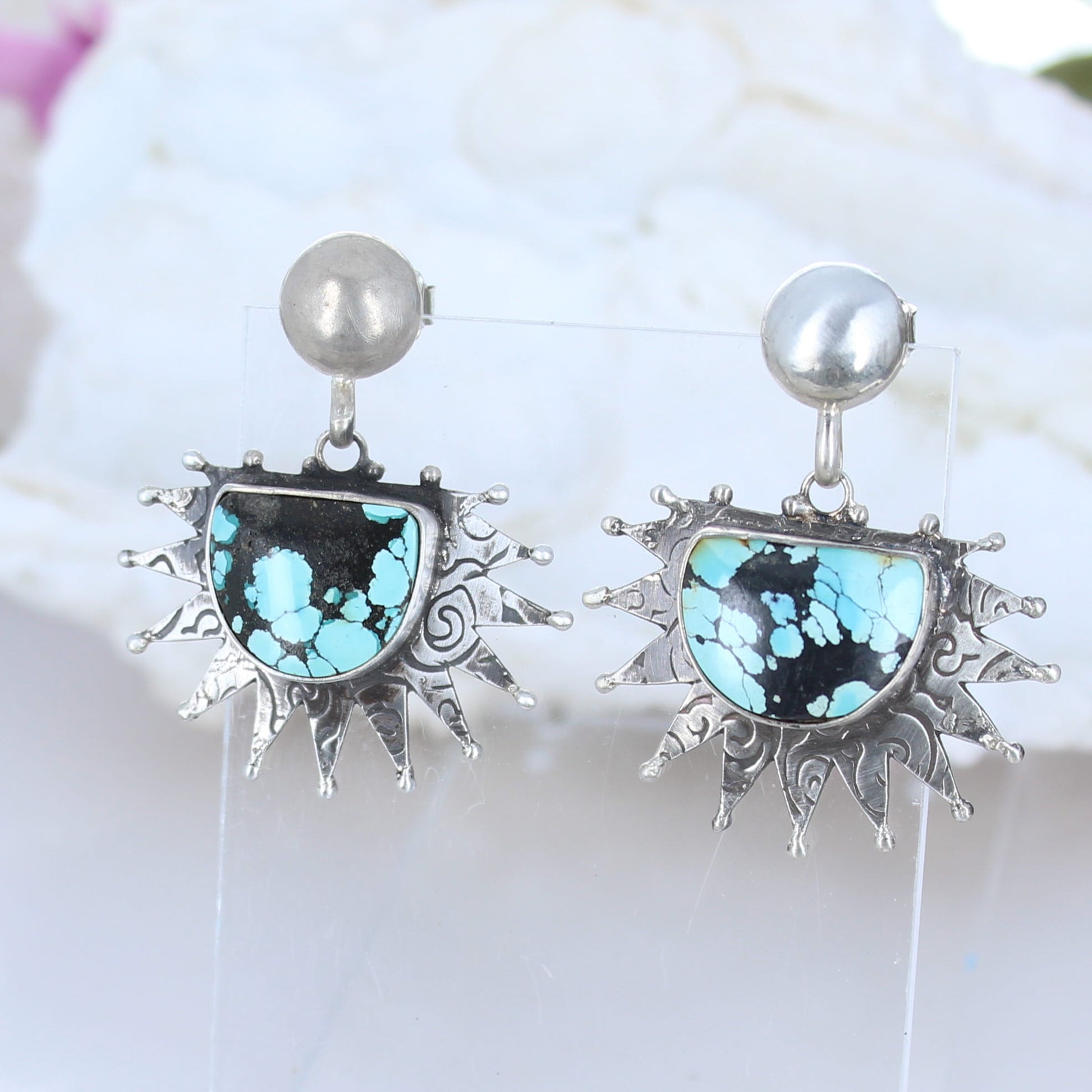 Sun Moon Dramatic Blue Black Turquoise Earrings Dangles Spiral -NewWorldGems