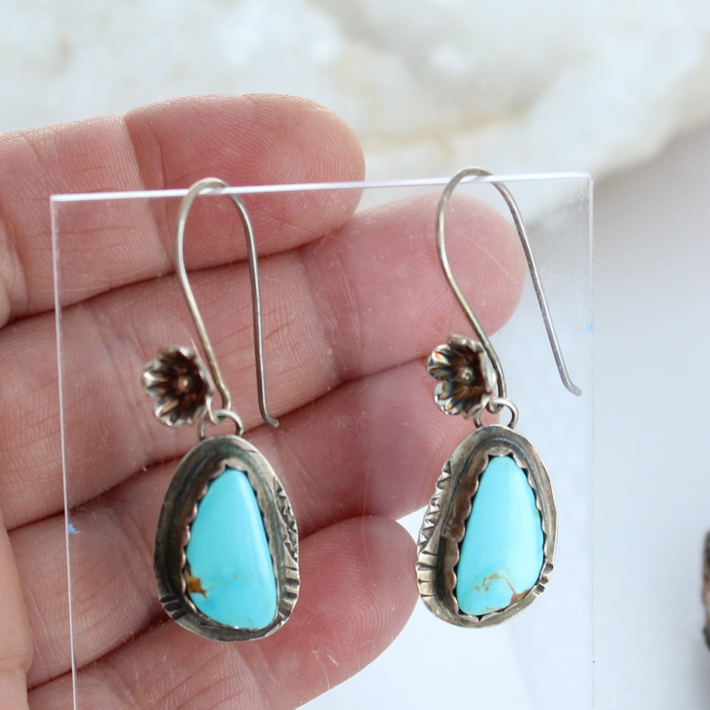 Kingman Turquoise Earrings Sky Blue Floral Earwire -NewWorldGems