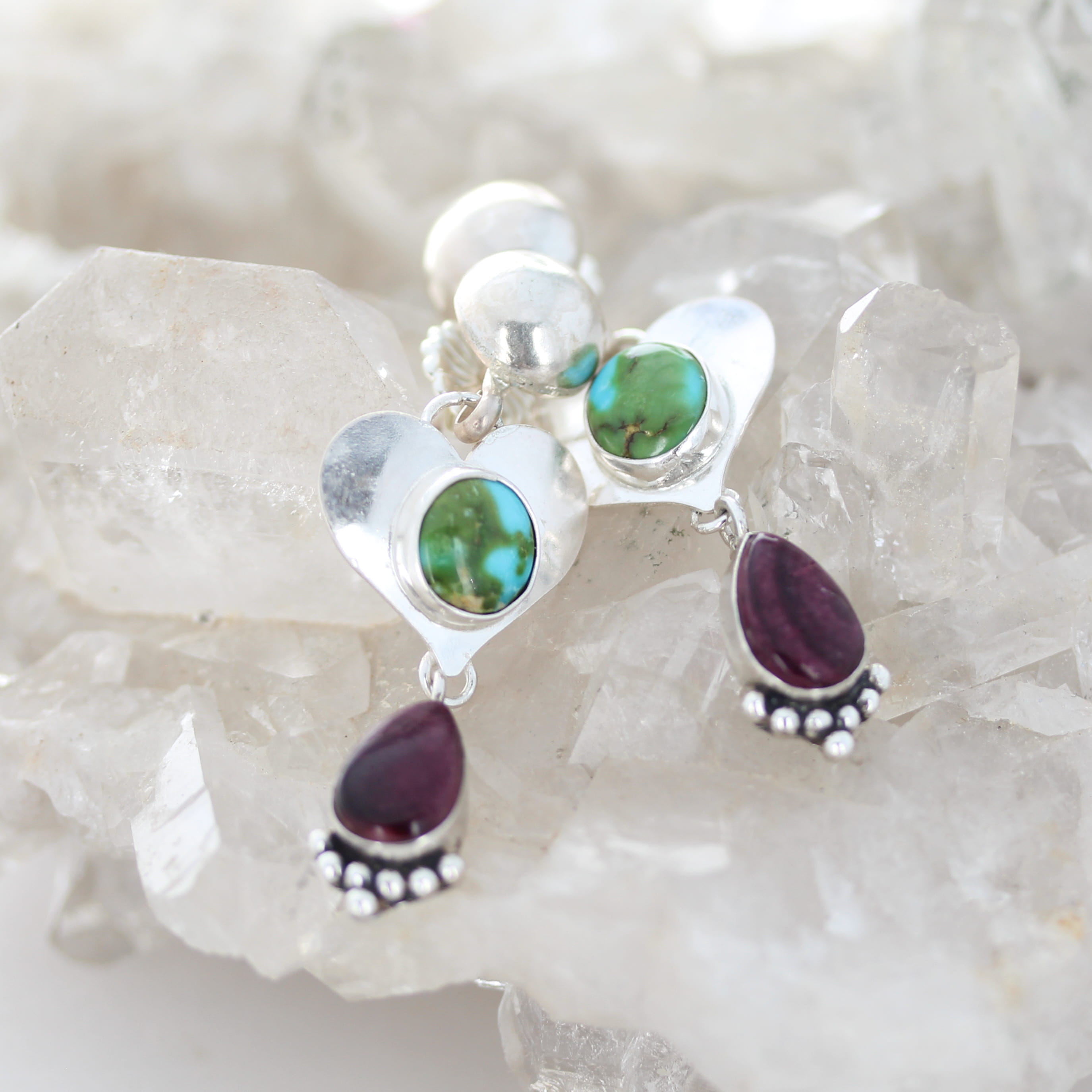 Sonoran Turquoise and Purple Spiny Oyster Earrings Sterling Hearts