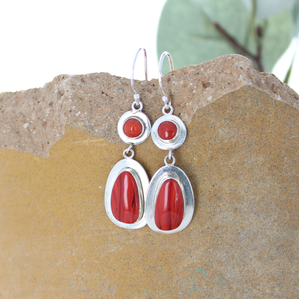 Gorgeous Red Rosarita Gold Slag Glass Earrings with Coral Sterling Silver