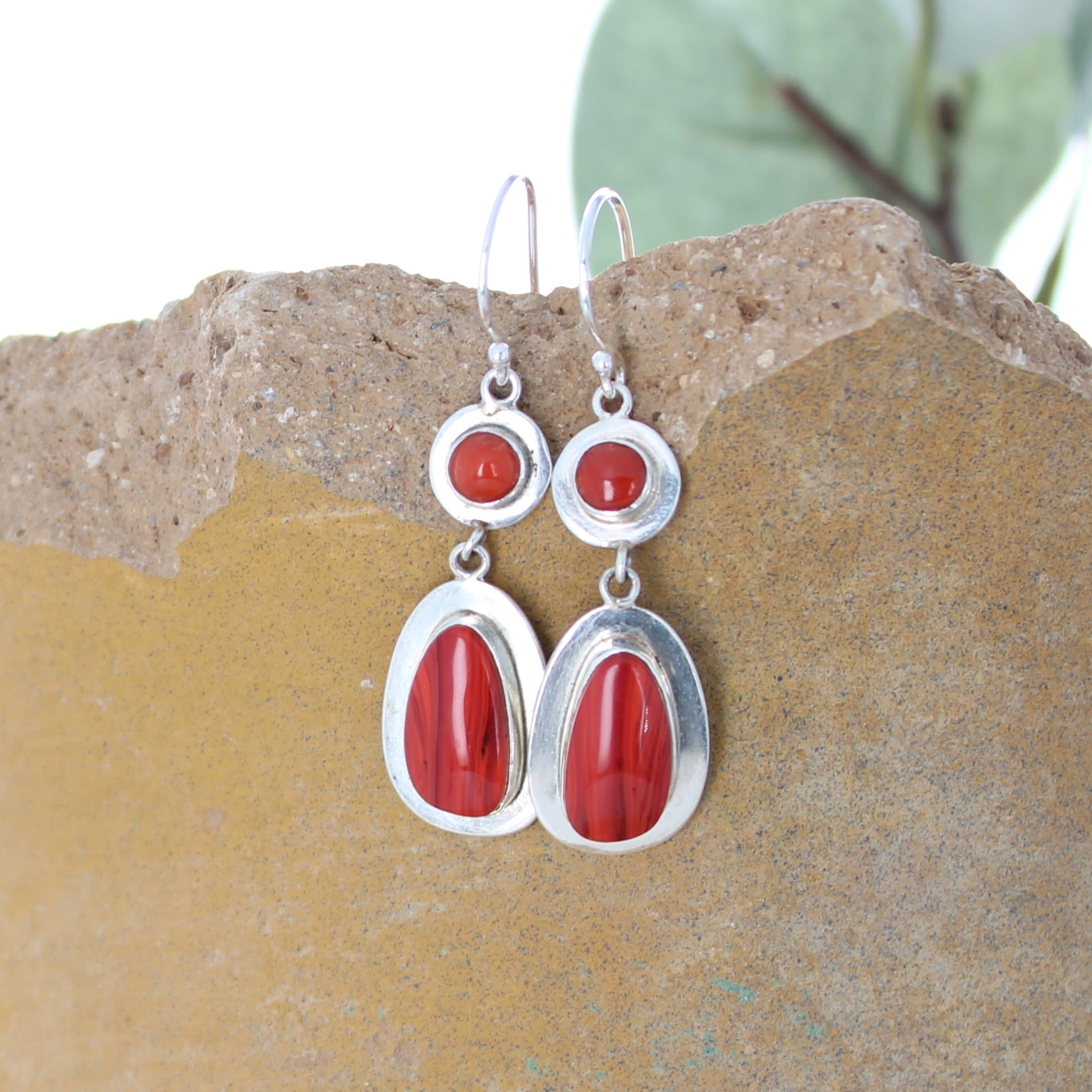 Gorgeous Red Rosarita Gold Slag Glass Earrings with Coral Sterling Silver