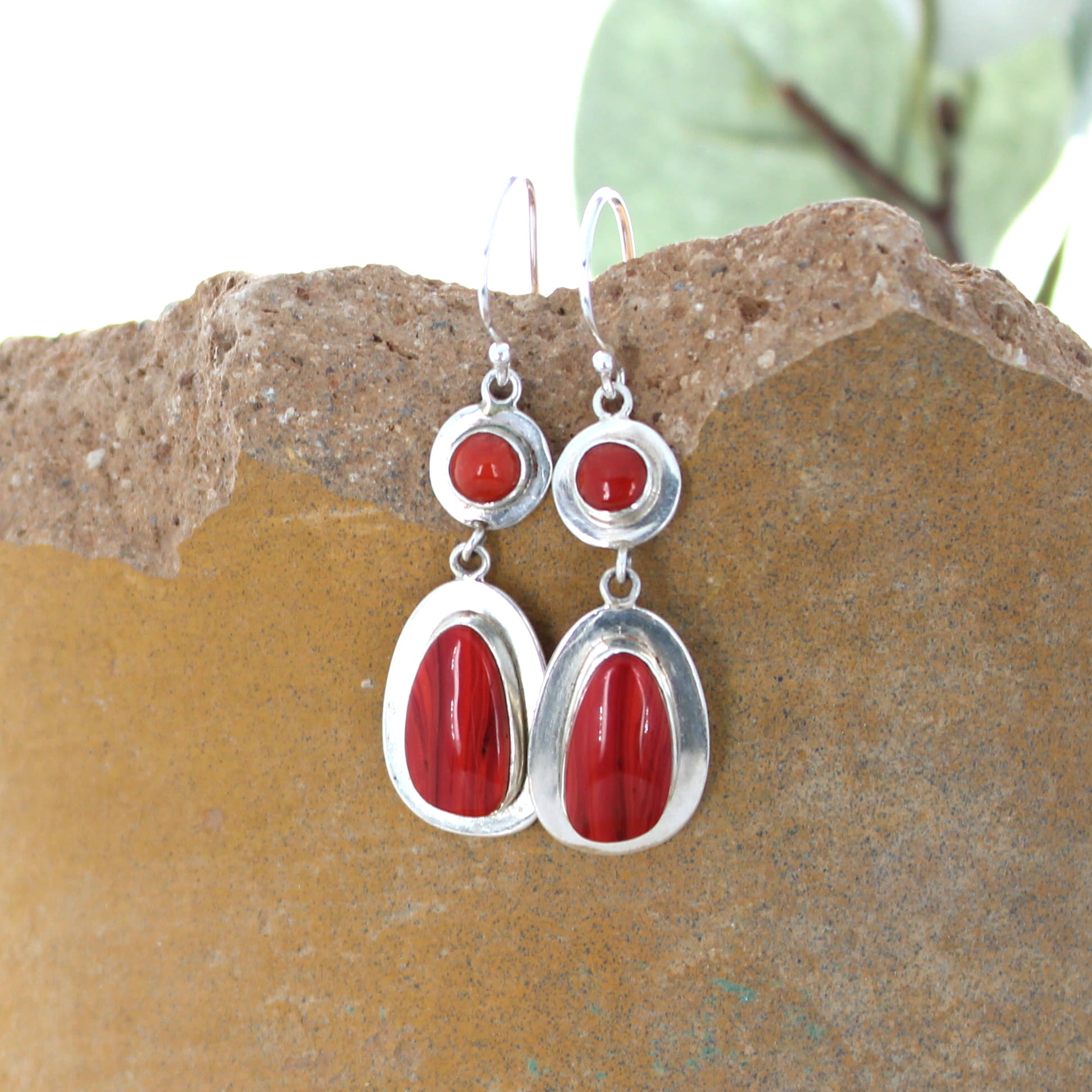 Gorgeous Red Rosarita Gold Slag Glass Earrings with Coral Sterling Silver