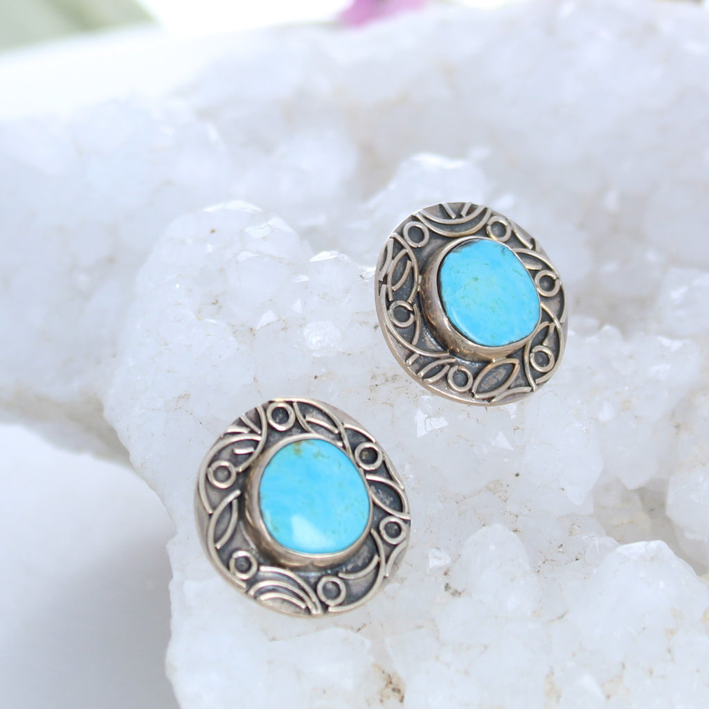 AAA Kingman Turquoise Sterling Earrings Post Style 14mm
