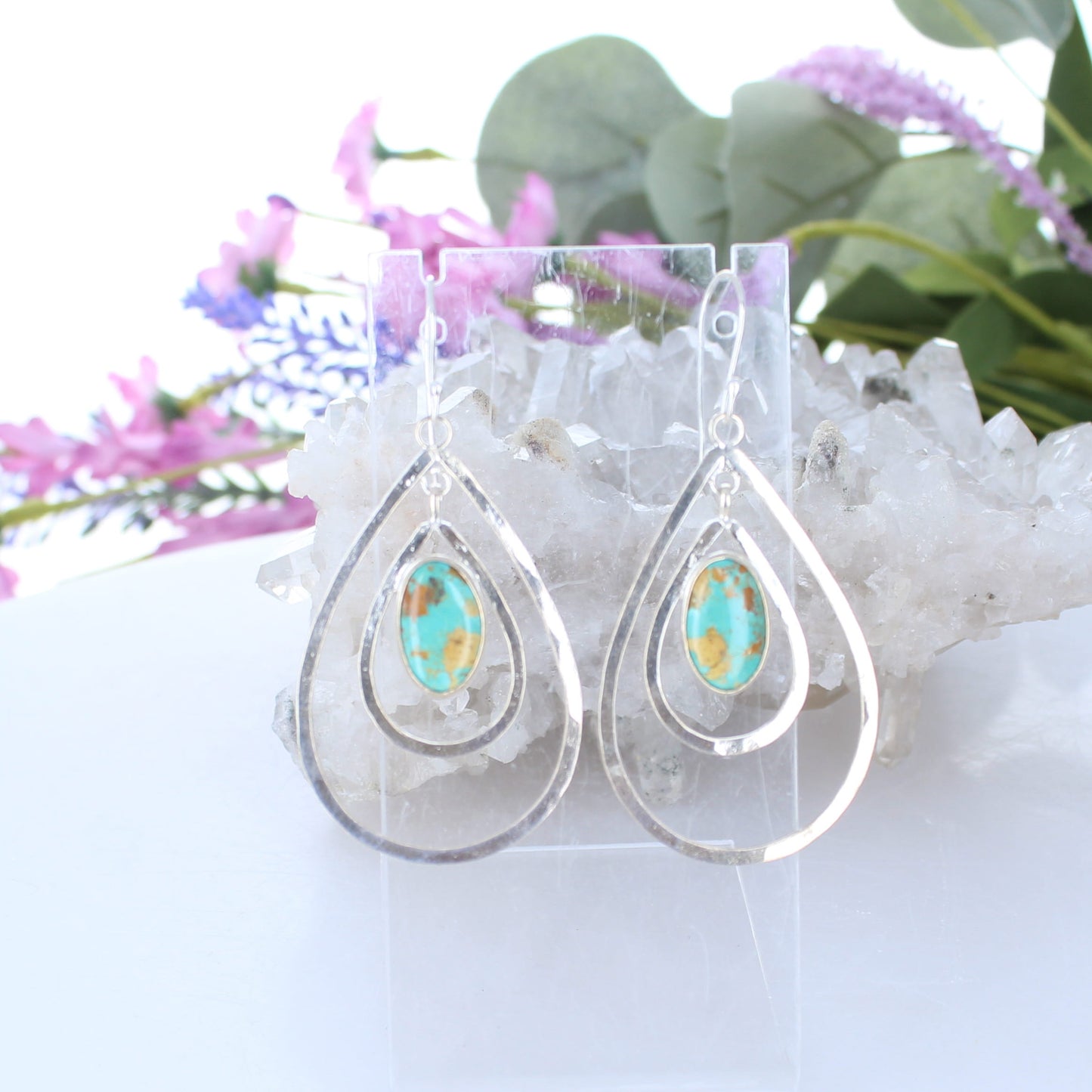 Royston Oval Turquoise Earrings Double Hoops Sterling Silver