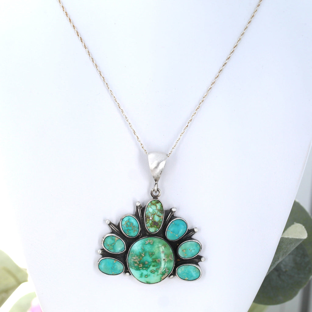 Gorgeous Sonoran Gold Turquoise Rising Sun Pendant Sterling