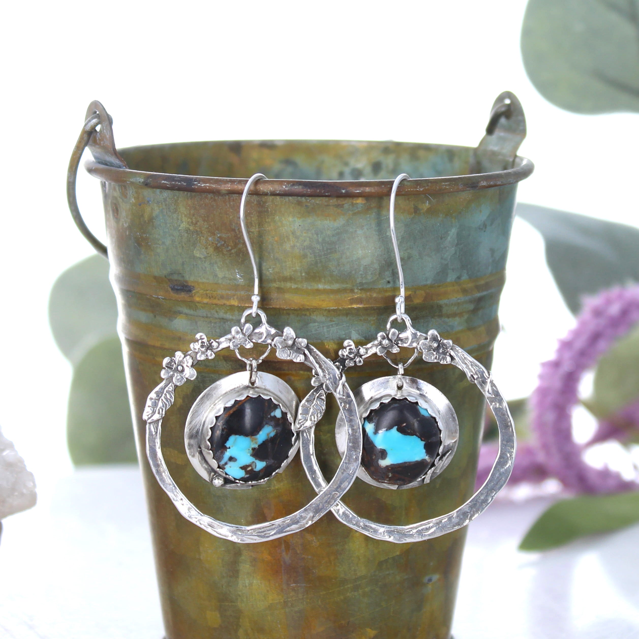 Stunning Boho Floral Blue Moon Turquoise Earrings 2.5"