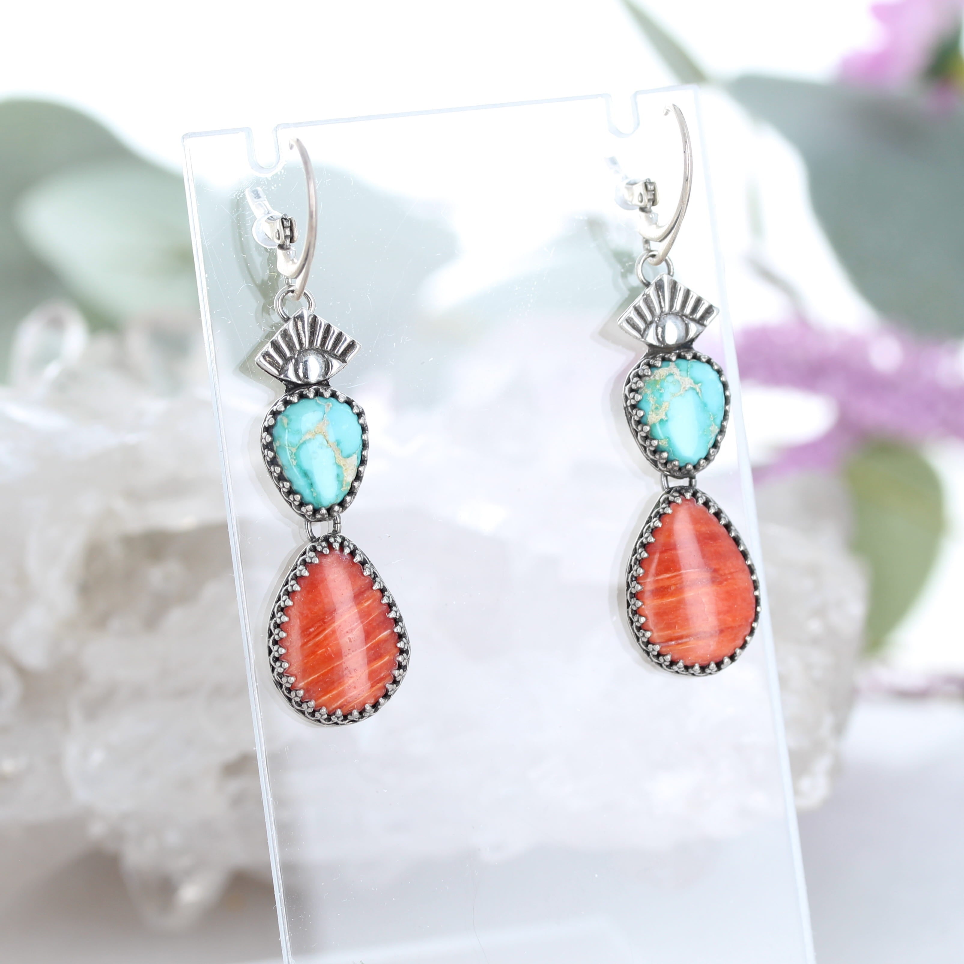 Dramatic Sonoran Turquoise Spiny Oyster Earrings Southwest