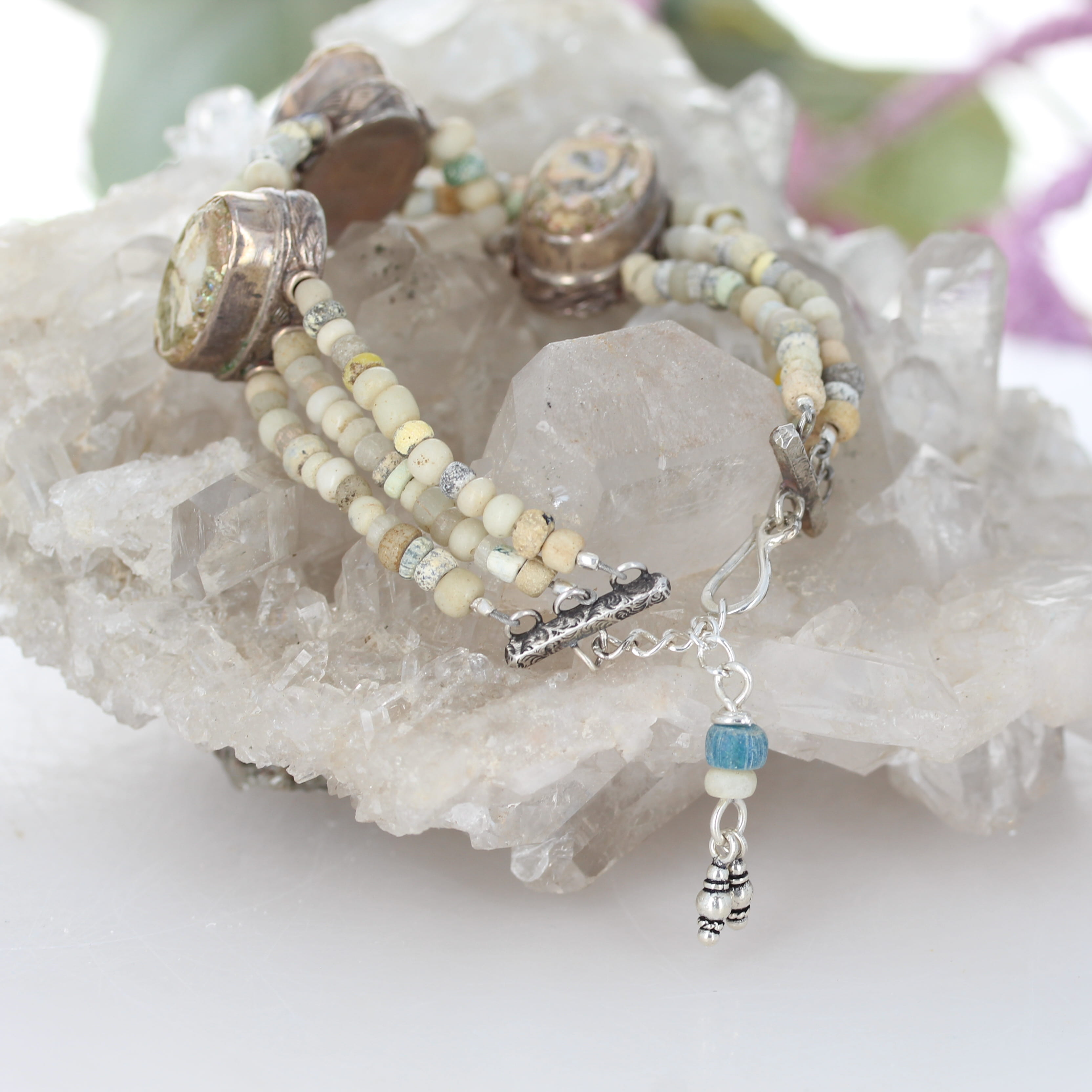 Antique Roman Glass Bracelet 3 Strand Beauty Sterling Silver