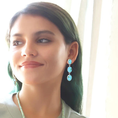 Sonoran Mountain Turquoise Earrings 3 Stone Dangles Sterling Silver