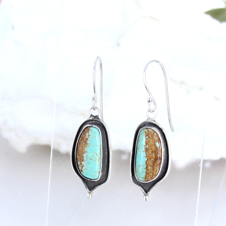 Nevada #8 Mine Turquoise Earrings Sterling Oval Drops -NewWorldGems