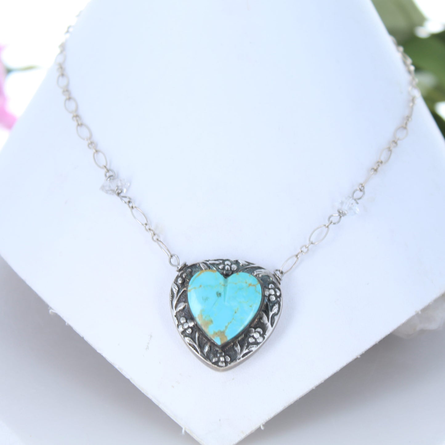 Kingman Turquoise Sterling Heart Design Pendant Necklace with Herkimer Diamonds