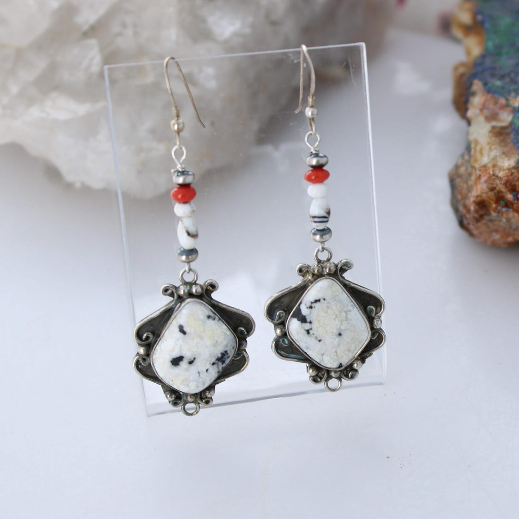 Rare White Buffalo Turquoise Earrings Sterling Scroll Design with Coral