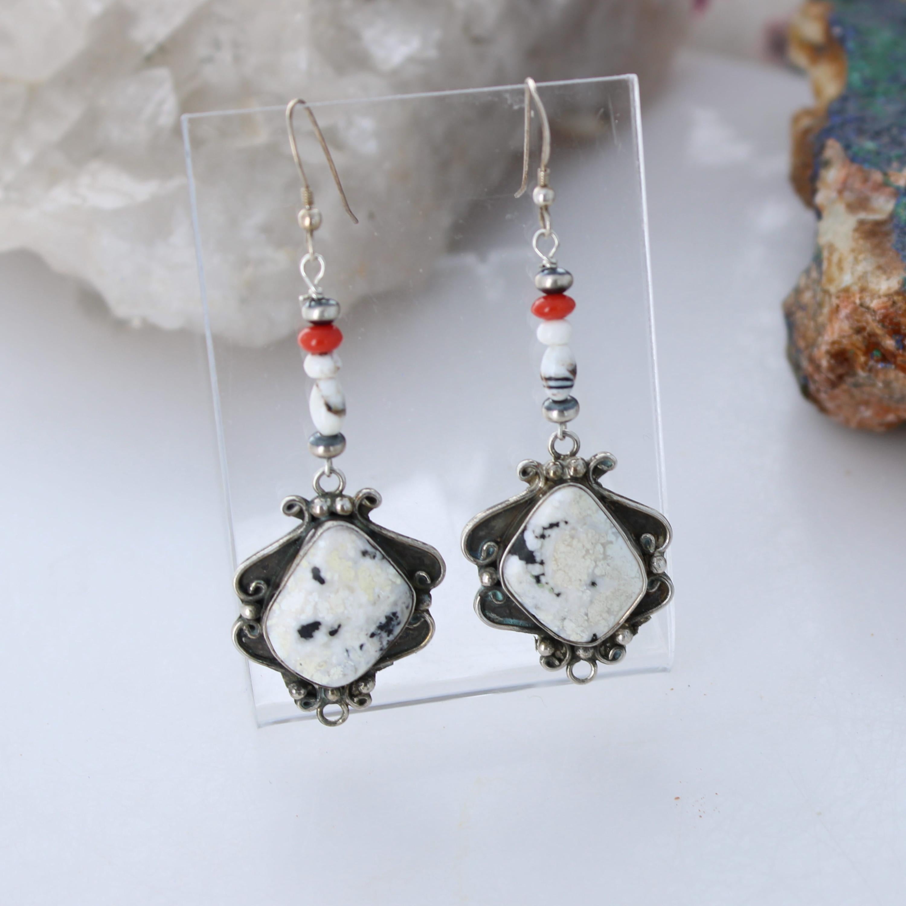 Rare White Buffalo Turquoise Earrings Sterling Scroll Design with Coral