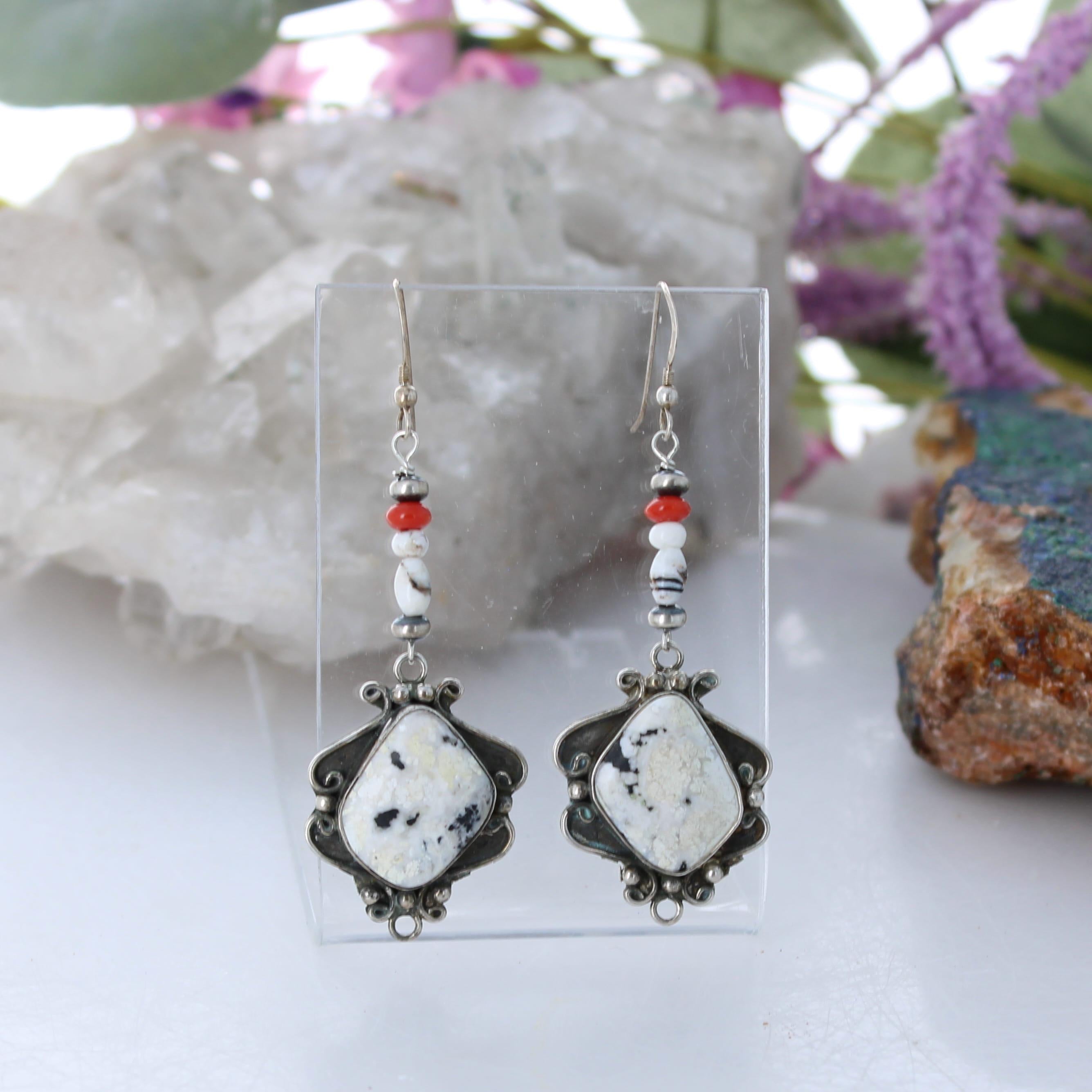 Rare White Buffalo Turquoise Earrings Sterling Scroll Design with Coral