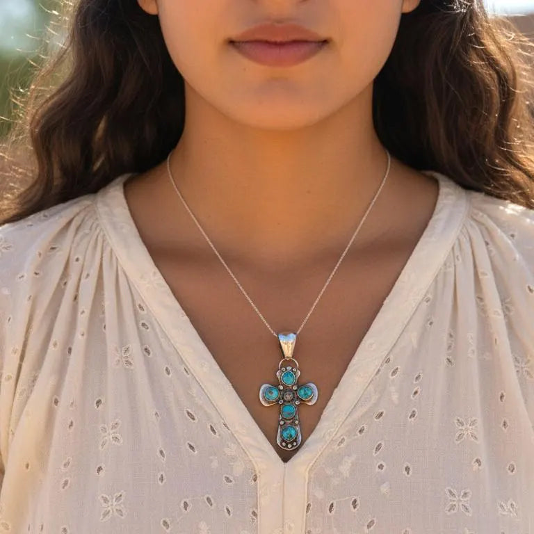 Sleeping Beauty Turquoise Cross Pendant Necklace Sterling Southwestern