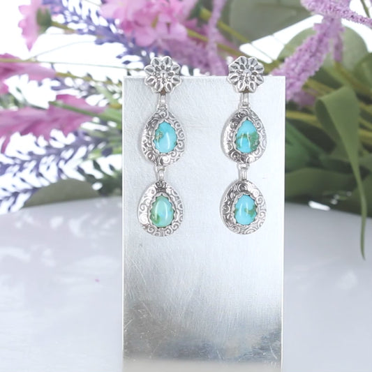 Sonoran Gold Turquoise Earrings 2 Stone Lime Green Blue Spiral Design Sterling