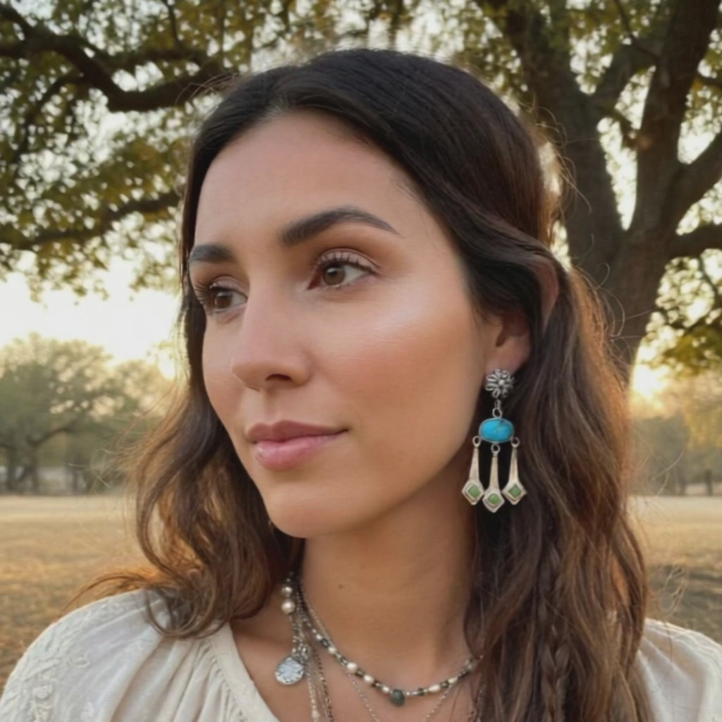 Blue Bird and Sonoran Gold Turquoise Boho Dangle Earrings Sterling