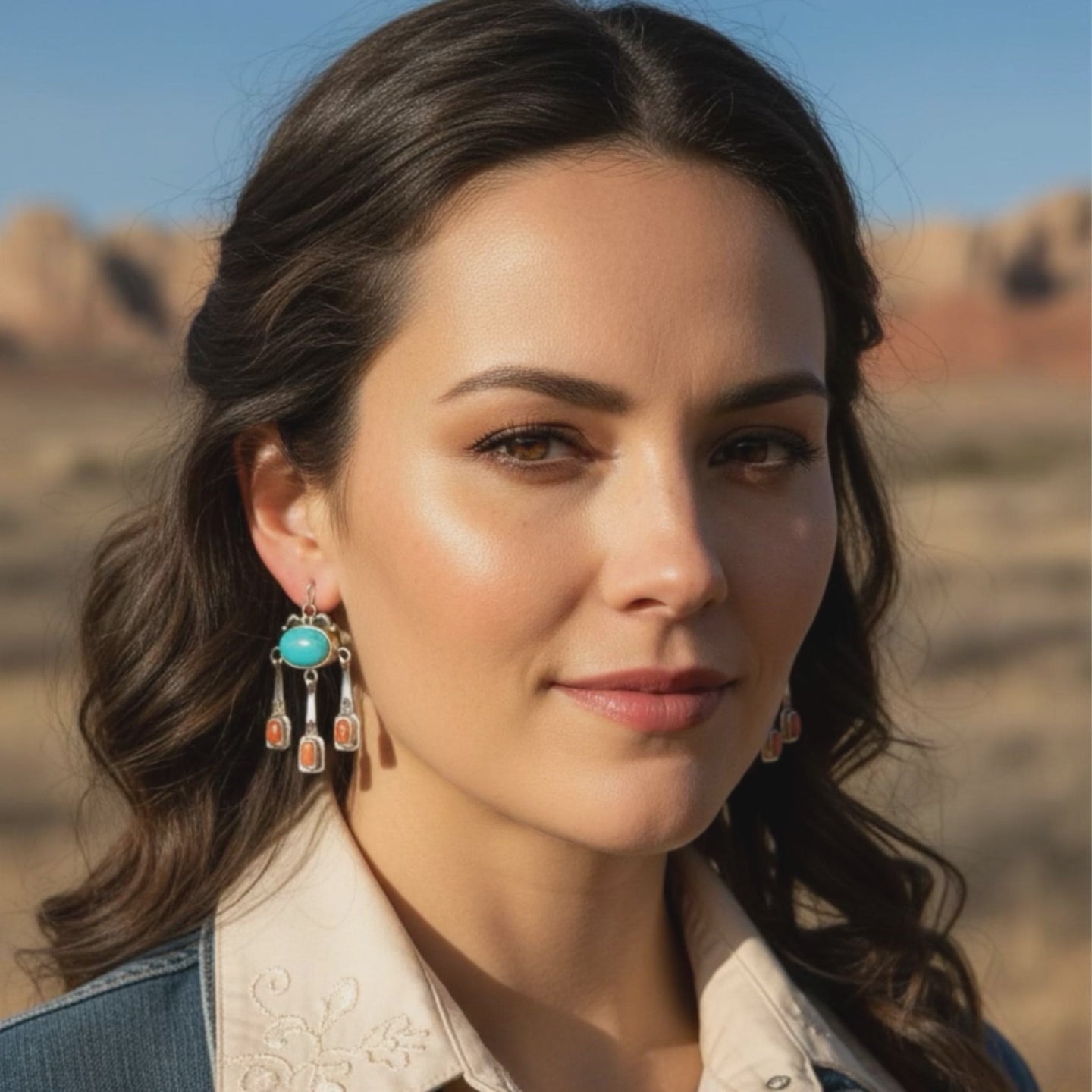 Sonoran Rose Turquoise with Spiny Oyster Boho Dangle Earrings Sterling