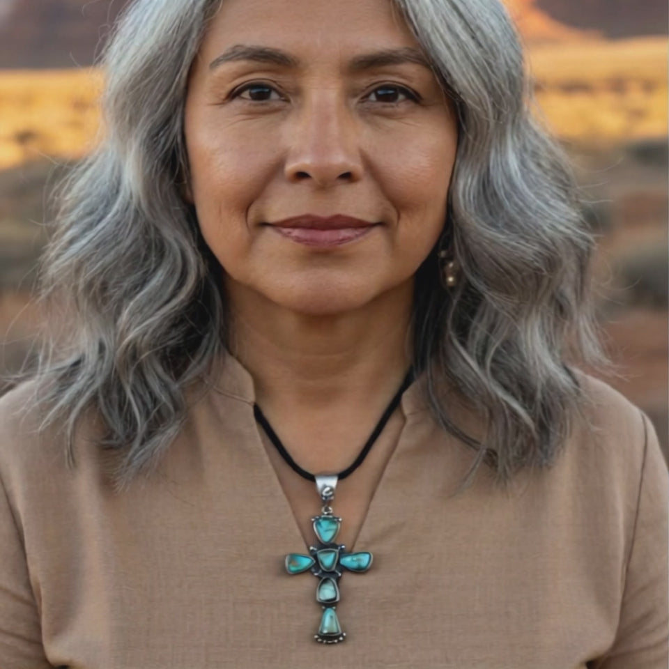 Vintage Carico Lake Turquoise Cross Pendant Sterling Silver Santa Fe Style