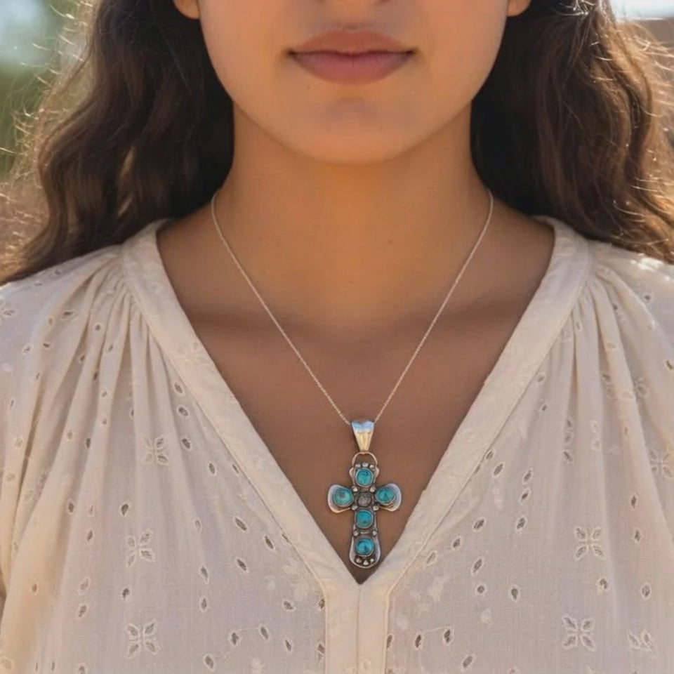 Sleeping Beauty Turquoise Cross Pendant Necklace Sterling Southwestern