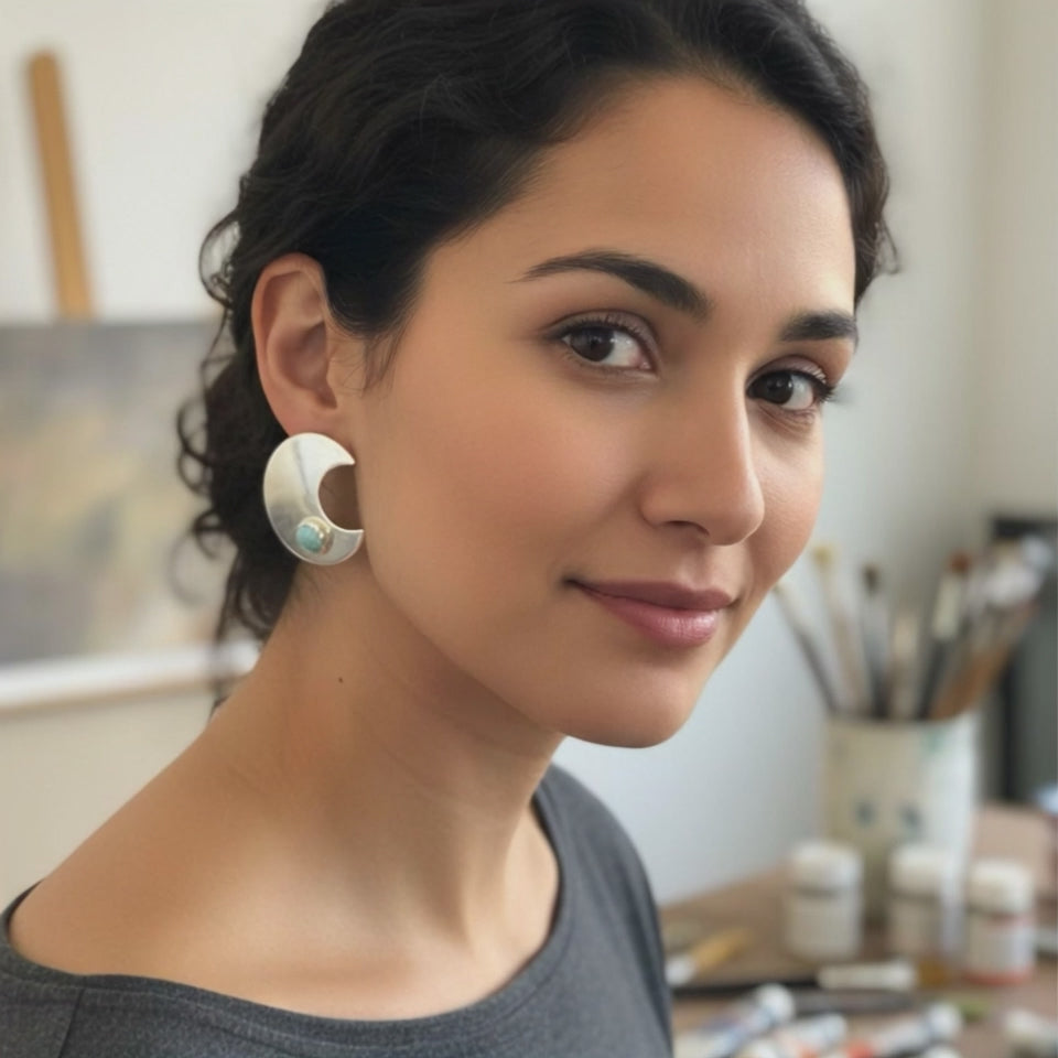 Carico Lake Turquoise Crescent Moon Earrings Sterling Posts Large