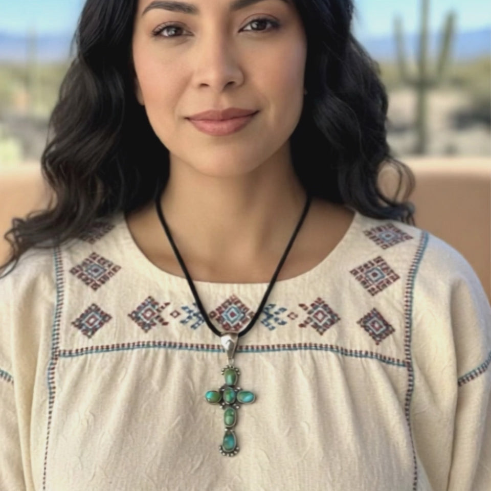 Sonoran Mountain Blue Green Turquoise Cross Pendant Sterling Silver Santa Fe