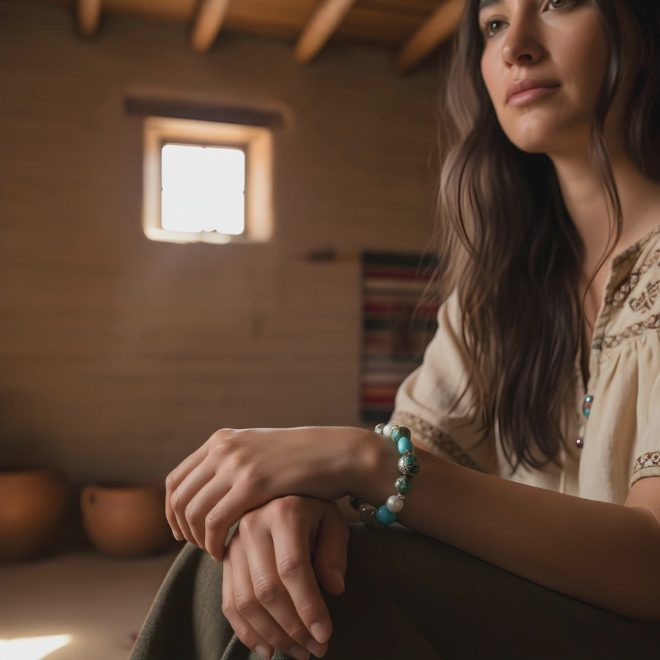 Blue Green Mixed Turquoise and Pearl Bracelet Sterling Silver