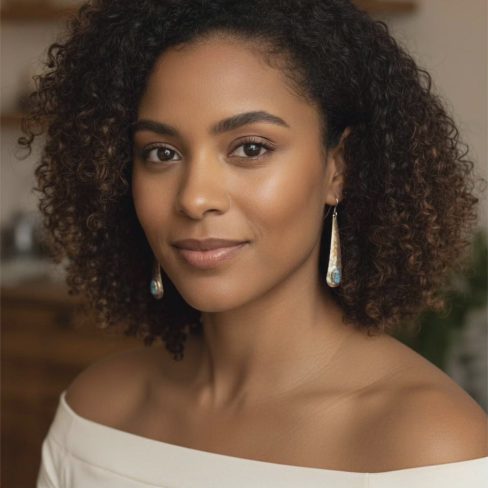 Kazakhstan Turquoise Earrings Sterling Silver Long Teardrops