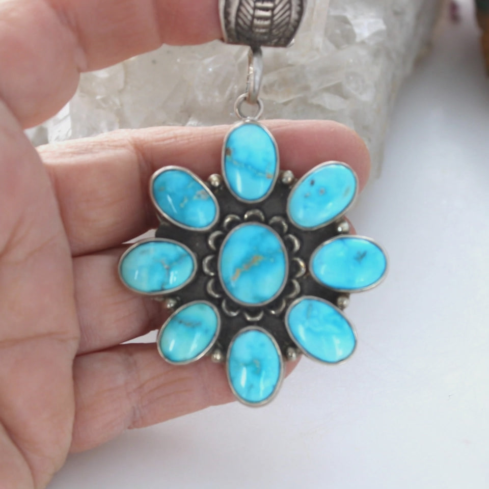 Bright Blue Ridge Nevada Turquoise Pendant Sterling Silver 9 Stone Gorgeous