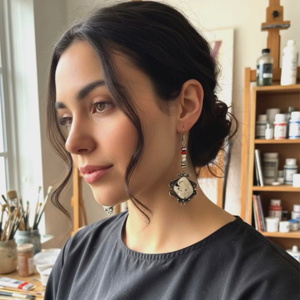 Rare White Buffalo Turquoise Earrings Sterling Scroll Design with Coral