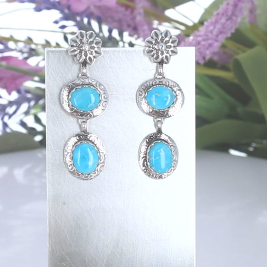 Blue Ridge Turquoise Earrings 2 Stone Deep Sky Blue Spiral Design #2
