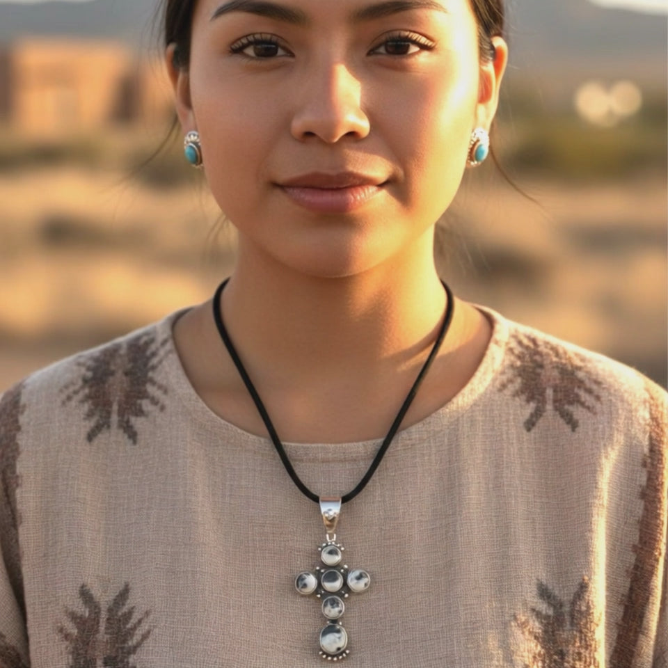 Sacred White Buffalo Turquoise Cross Pendant Sterling Silver Santa Fe