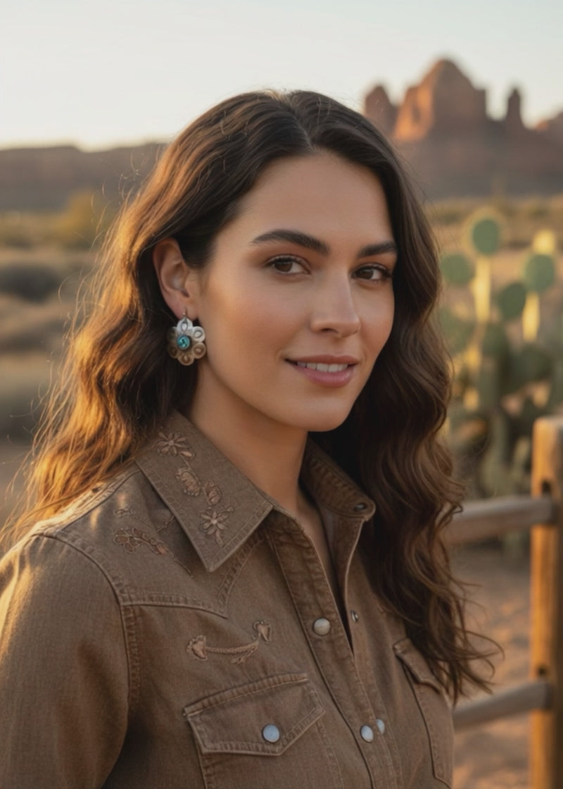 Beautiful Stamped EGYPTIAN TURQUOISE Sterling Flower Earrings